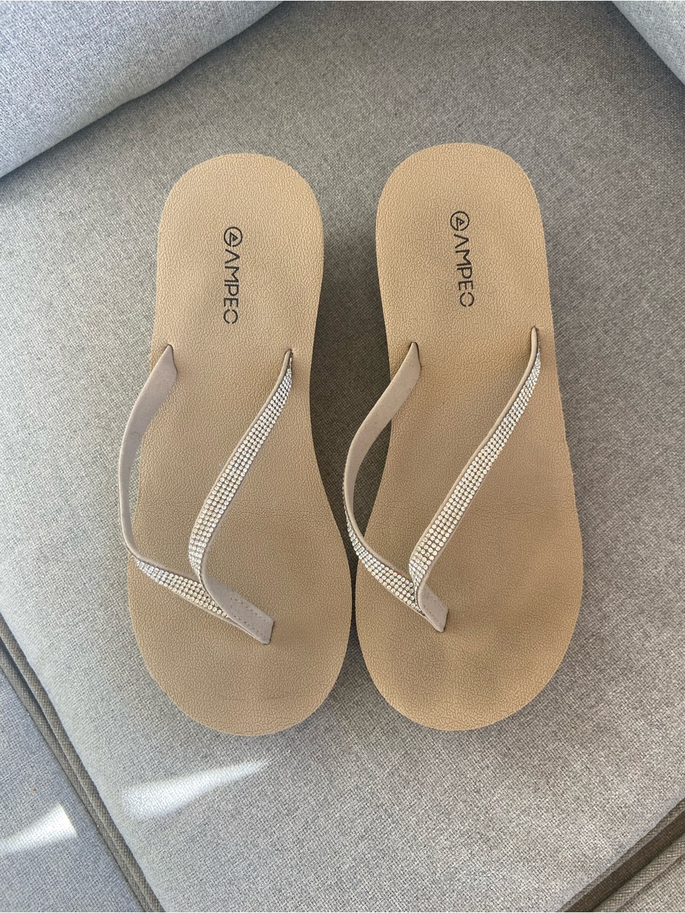 Beige Rhinestone Thong Sandals for Women